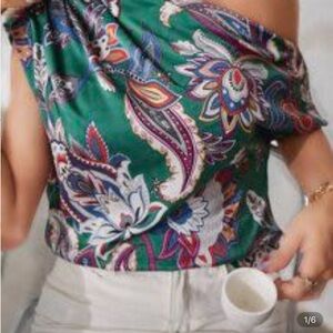 SHEIN Paisley Off-Shoulder Blouse - Green and Red